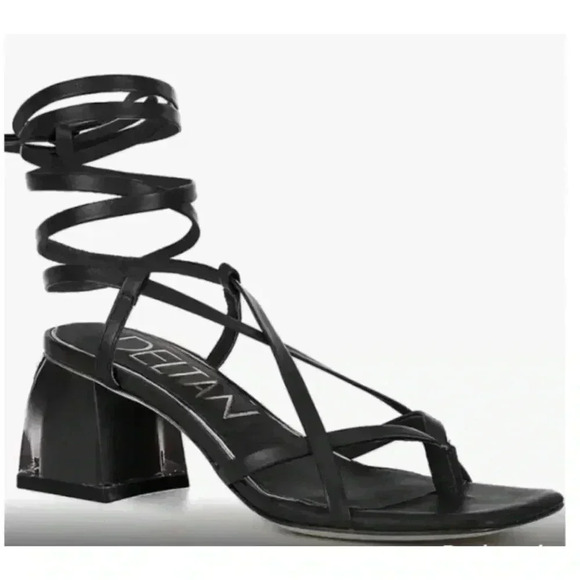 Deltan Size 6M Fawn Ankle Wrap Strappy Block Heel Thong Dress Sandals Black NEW - Picture 1 of 12